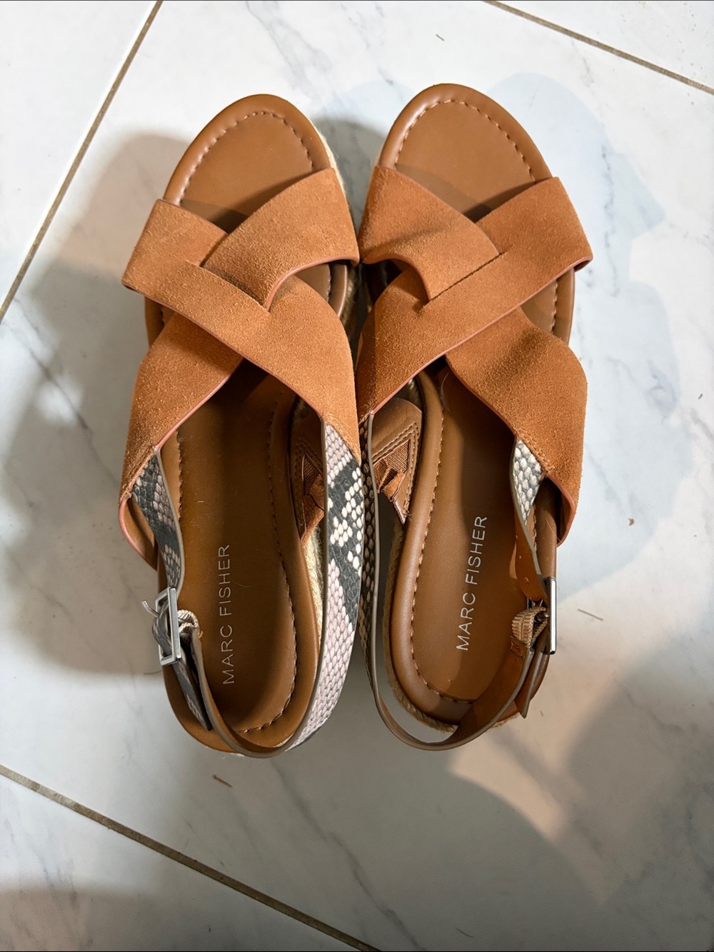 Marc Fisher Cognac Crisscross Suede Sandals with Snake-Print Accent